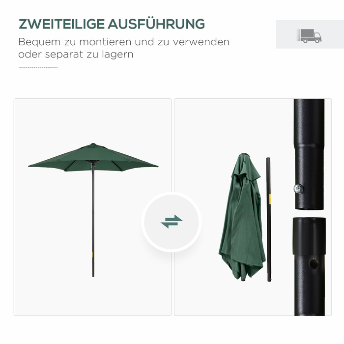 Outsunny Parasol Ø196 см, Парасолька з функцією складання, Шестигранна балконна парасолька Пляжна парасолька Вітрозахисна стабільна Ринкова парасолька Колінчастий Захист від сонця для пляжу Балкон Сад, зелений