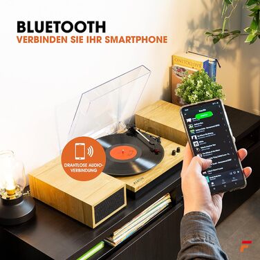 Вініловий програвач RP165B з Bluetooth, динаміками, автостопом, кришкою, домашній аудіо-плеєр у вінтажному стилі, коричневий (натуральне дерево)