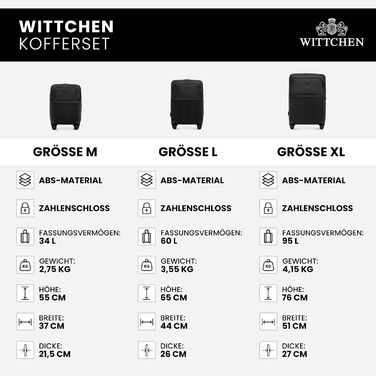 Набір валіз WITTCHEN AXIS 3 шт. | Чорний | ABS+Нейлон | Ручна поклажа M L | TSA замок, телескопічна ручка, 360° колеса