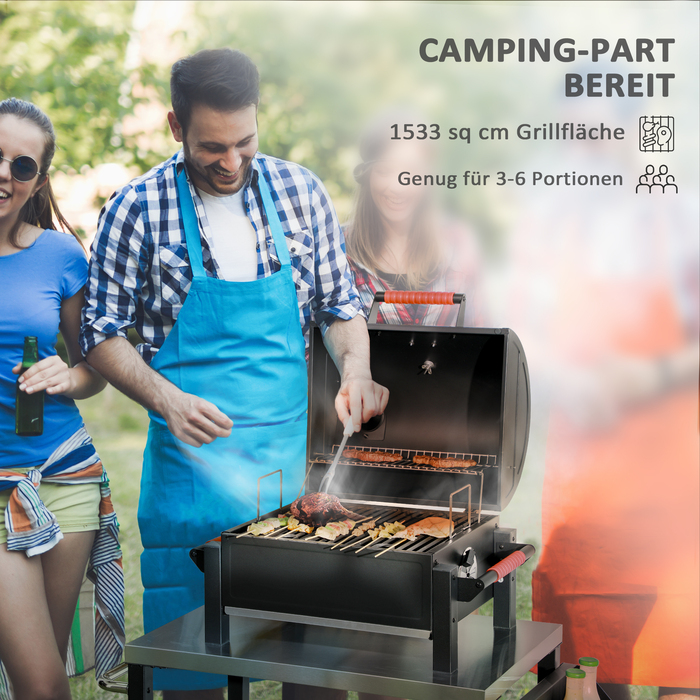 Grill Outsunny з дерев’яною рамою, настільний гриль з решіткою, кошом для вугілля, гриль для кемпінгу з кришкою, ручкою, термометром, настільний гриль для пікніка, саду, чорного кольору, 68,5 x 50 x 54 см | Aosom