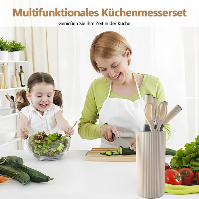 Набір кухонних ножів 7 предметів з бруском Messerblock, нержавіюча сталь, для кухні, подрібнення м'яса та овочів (Бежевий, Сірий)