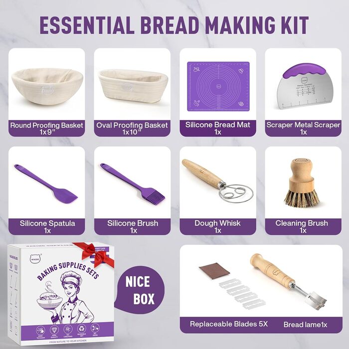Набір для випікання кислотного хліба MIAOKE: корзини для бродіння, скребок для тіста, ніж для хліба, пензлик, підкладки та інше