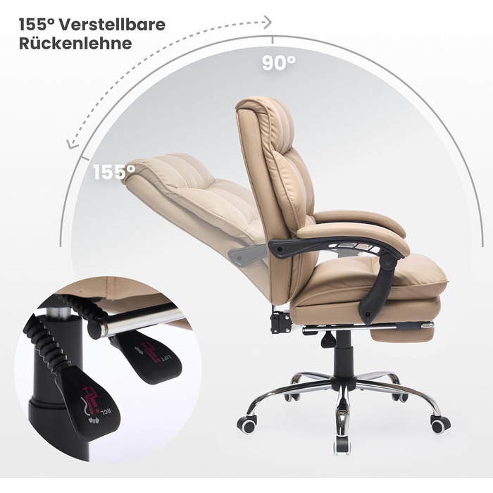 Крісло шеф-кухар SEEDWAVE з підставкою для ніг, офісне крісло, 150 кг, широке сидіння, спинка регулюється під кутом 155°