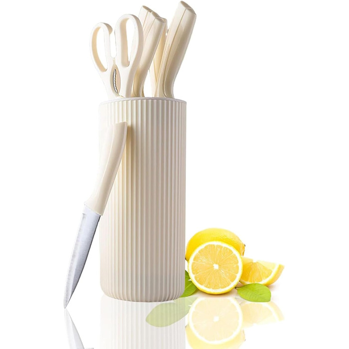 Набір кухонних ножів 7 шт. з бруском, Messerblock, з нержавіючої сталі, для кухні, нарізки м'яса та овочів (Бежевий)