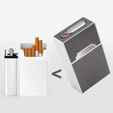 Портсигар LAOYE з запальничкою - алюмінієвий портсигар, вітрозахисна безполуменева запальничка, 2 шт. , USB-зарядка, чорний/сріблястий