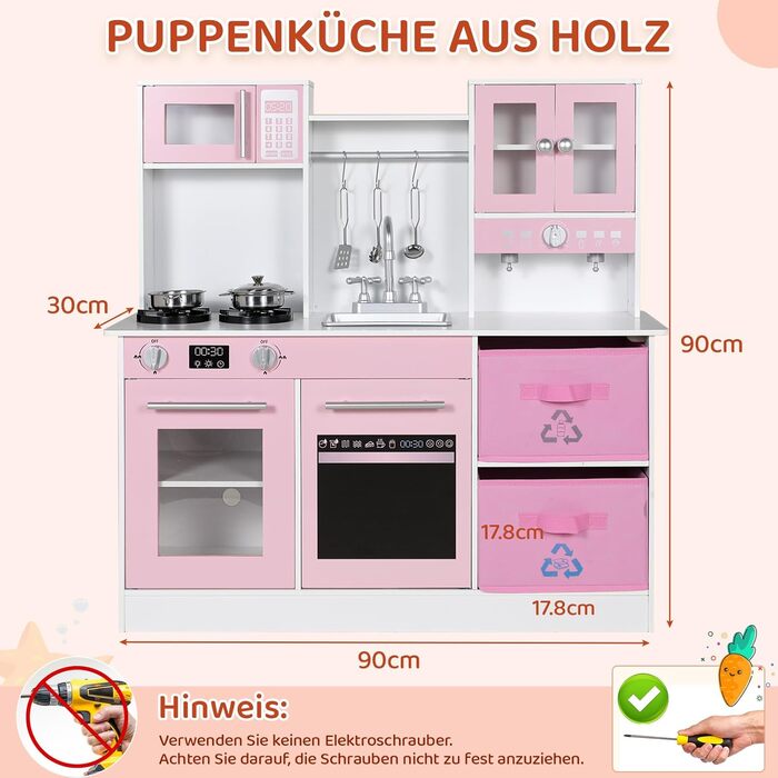 Дерев'яна дитяча кухня MAMIZO з підсвічуванням та звуком, іграшкова кухня для дітей, 90x30x90 см, з аксесуарами та 2 ящиками, іграшка для дітей від 3 років (Рожева)
