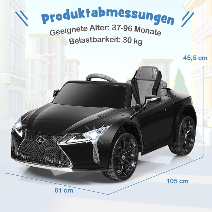 Дитячий електромобіль Lexus COSTWAY 12V з пультом, LED, музикою, USB, чорний