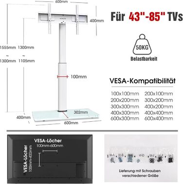 Підлогова стійка для телевізора AOKCOS 1.6м, для 43-85 дюймів, нахил, поворот, регулювання висоти, універсальний ТВ-стенд, макс. VESA 600x400мм, до 50кг, білий
