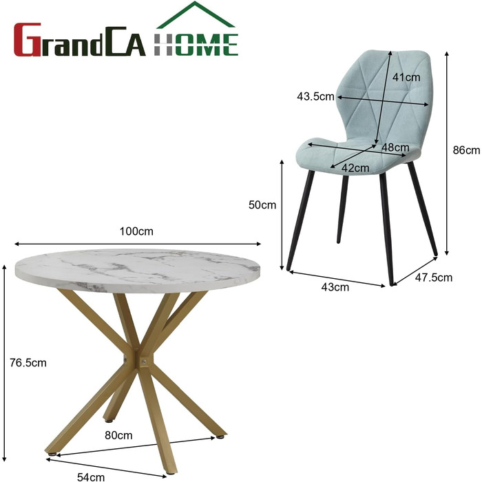 Набір обіднього столу GrandCA HOME з 4 стільцями, діаметр 100 см, для вітальні, кухні, їдальні, сірий та темно-сірий (мрамор + м'ятний)
