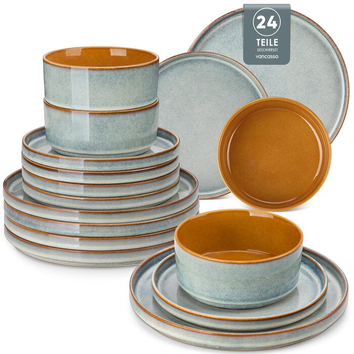Набір посуду Vancasso Steingut, 24 елементи, на 8 осіб, блакитний, преміум-якість, серія ONION. Тарілки, салатники, миски. Галактичний дизайн.