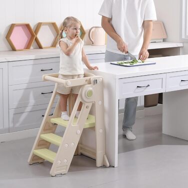 Зручний складаний навчальний столик-сходинка Hoopyosms для дітей, Montessori, регульована висота, для кухні, ванної кімнати та дитячої кімнати, мультифункціональний, від 1 року (зелений, 2-в-1)