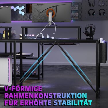 Ігровий стіл Flamaker L-подібний 140x140 см з RGB LED, підставка для монітора та полиця | 2 розетки + 2 USB-порти (вуглецеве волокно, чорний матовий)