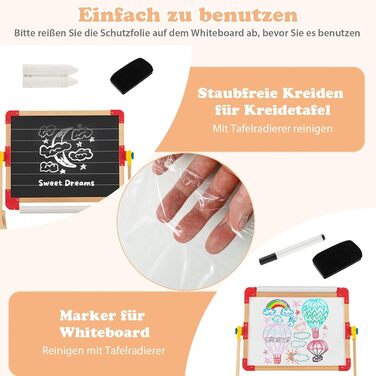 COSTWAY 3-в-1 дитяча мольберт-дошка з обертанням 360°, дерев'яний мольберт з двостороннім дощечкою, мольберт для малювання з полицею, рулон паперу, абакус, годинник та алфавіт для дітей від 3 років