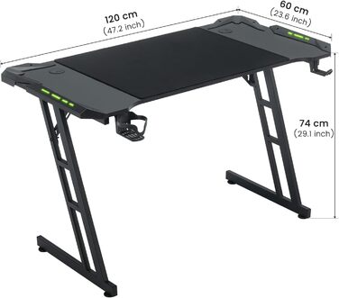 Ігровий стіл Kidsgigglz з LED-підсвічуванням 120x60 см - ергономічний комп'ютерний стіл з тримачем для напоїв та гачком для навушників. Підходить для дому, офісу та як кутовий стіл.