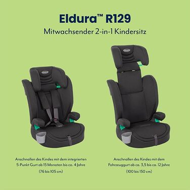 Автокрісло Graco Eldura™ R129 для дітей 15 місяців - 12 років (76-150 см), чорний колір, захист від бічного удару