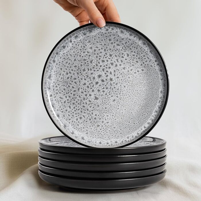 Набір посуду Twinzee Steingut (24 частини) для 6 осіб: тарілки та миски - серія Riviera Perla, з каменю, підходить для мікрохвильової печі