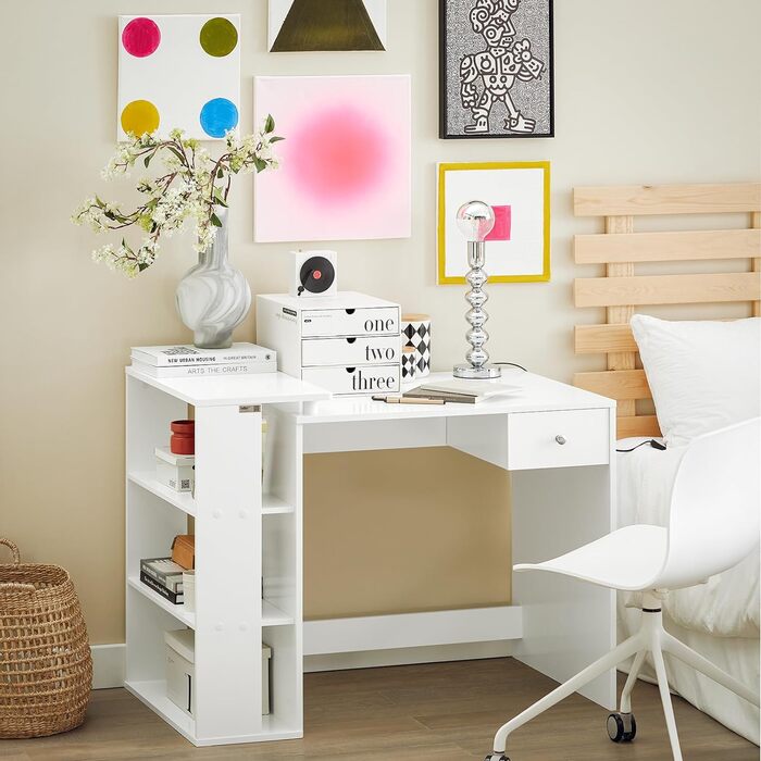 Письмовий стіл з 1 ящиком і 3 полицями Дитячий стіл Стіл Робочий стіл Комп'ютерний стіл Офісний стіл, білий BHT приблизно 1076x60см, 35-W