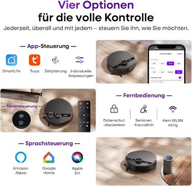 Робот-пилосос MONSGA з функцією миття, 5000Pa, час роботи 180 хв, система захисту від ковтунів, LiDAR навігація, для килимів та шерсті тварин, керування через додаток та пульт (чорний)