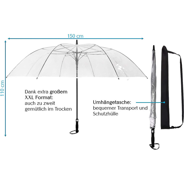 Зоряна іскра парасолька дуже велика XXXL Ø150 см прозора, зручна застібка, з чохлом для перенесення, автоматична, ідеально підходить як прозорий парасольку партнера, весільна парасолька або парасолька для гольфу - край білий