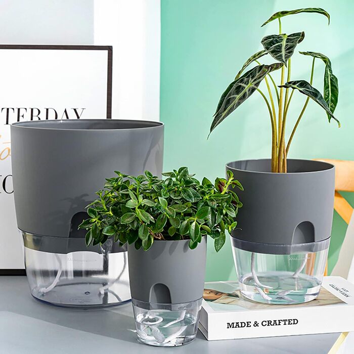 Набір горщиків для трав на кухню, самополив, 3 шт. – сад для кухні, 18.2x11x15.3 см, для свіжих кухонних трав (сірий, 6 шт.)