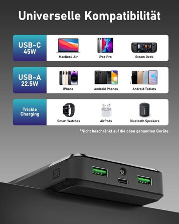 Для ноутбука 26800mAh 96.48Wh PD 45W Power Bank Power Bank зі швидкою зарядкою Акумуляторна батарея зі світлодіодним індикатором USB C Зовнішній акумулятор для MacBook, мобільного телефону, Lenovo, HP, Dell, Ipad Black