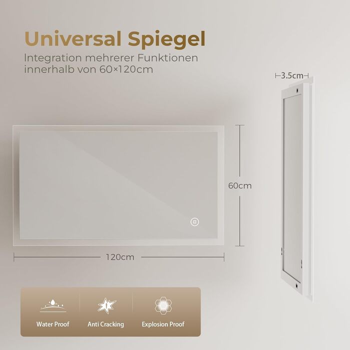 Дзеркало для ванної кімнати з підсвічуванням LED 120x60 см, велике, диммер, сенсорний вимикач, вертикальна/горизонтальна монтаж, 6500K (холодне біле світло)