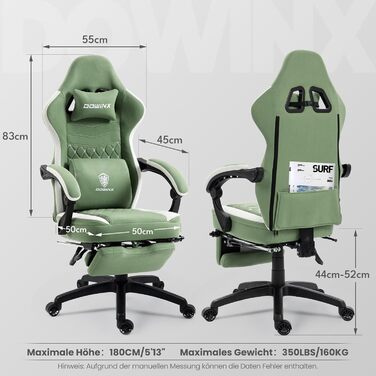 Ігровий крісло Dowinx з тканиною, гелевою подушкою та пружинним блоком, ергономічний офісний стілець з підніжкою, масажний ігровий крісло для дорослих (зелений)