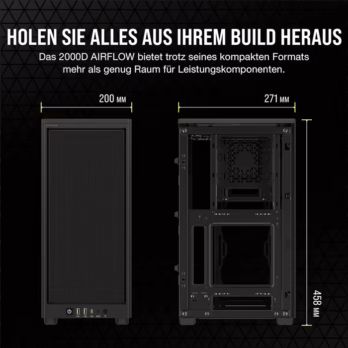 Корпус Corsair 2000D Airflow Mini ITX - Сітчаста сталь - 3 слоти для графічного процесора - Оптимізоване охолодження - Передній ввід/вивід - Чорний