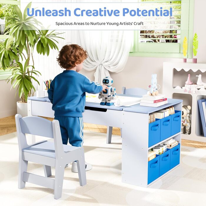 Дитячий стіл MAMIZO з 2 стільцями: дерев'яний стіл для ігор з місцем для зберігання, комплект меблів для дітей, стіл для малювання та рукоділля, від 3 років (блакитний)