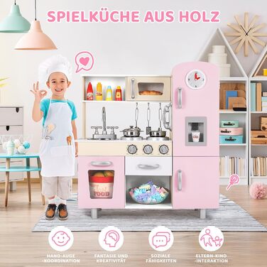 Дерев'яна дитяча кухня Mamizо з аксесуарами, 81x74x30 см, світло та звук, для дітей від 3 років, біло-рожева