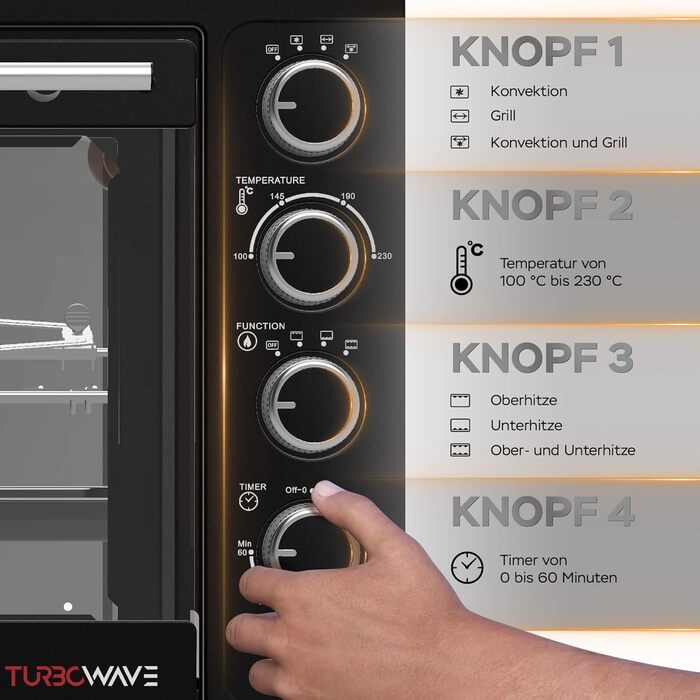 Міні-піч TurboTronic 35л з конвекцією, чорна, 1600W. 2 дека, таймер, піч для піци та гриль