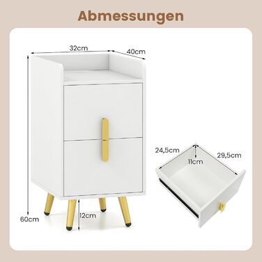 Нічний столик COSTWAY з зарядкою, вузький приліжний столик з 2 шухлядами, металеві ніжки, для спальні, вітальні, 32x40x60 см (Білий)