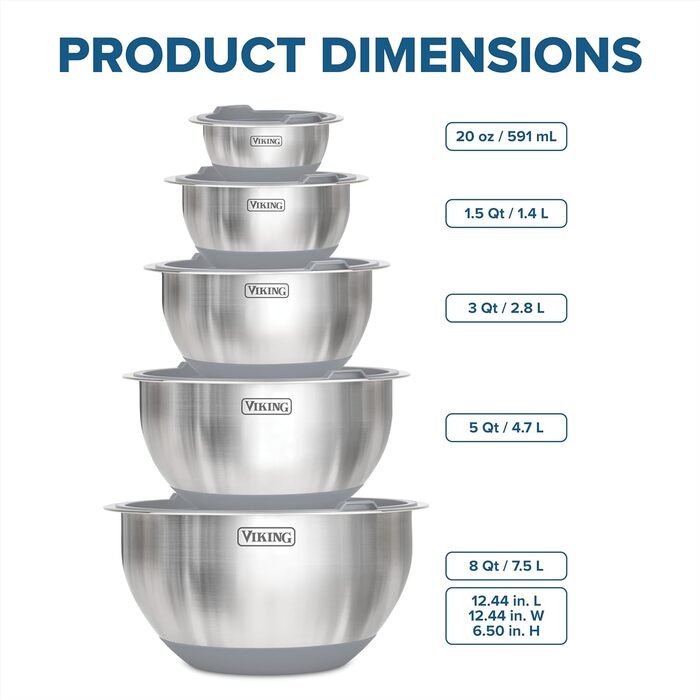 Набір місок для змішування Viking Culinary з нержавіючої сталі, 10 шт. | Силіконова неслизька основа | З герметичними кришками | Можна мити в посудомийній машині | Сірий колір