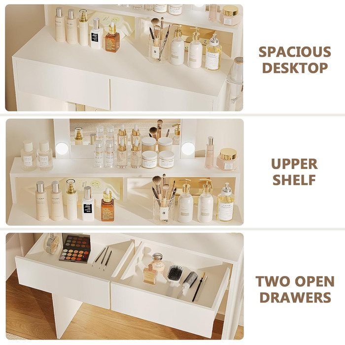 Трюмо JUMMICO з LED-підсвічуванням та дзеркалом, регульована яскравість та колірна температура, косметичний столик з 9 LED-лампочками, білий