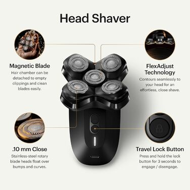 Електричний бритва для голови MANSCAPED The Dome Shaver PRO для чоловіків, 5 плаваючих лез SkinSafe, FlexAdjust, водонепроникна, USB-C/індукційна зарядка, акумуляторна, з блокуванням для подорожей