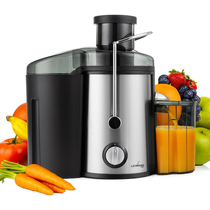 Електрична соковитискачка Lehmann: соковиті напої з овочів та фруктів, 2 швидкості, нержавіюча сталь, 1,5л контейнер для жмиху, 450мл контейнер для соку