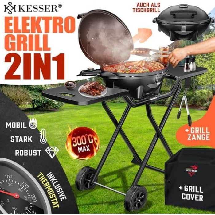 Електричний гриль KESSER® 2в1: настільний та напольний | 2400 Вт | Складаний | з термостатом, антипригарним покриттям та аксесуарами | Чорний