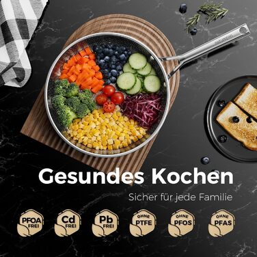 Набір сковорідок DiamondTitan з нержавіючої сталі, 3 шт. (20+24+28 см), антипригарне покриття з кераміки, для всіх типів плит, лазерне різьблення у вигляді стільникової структури, не нагрівається ручка, придатні для миття в посудомийній машині