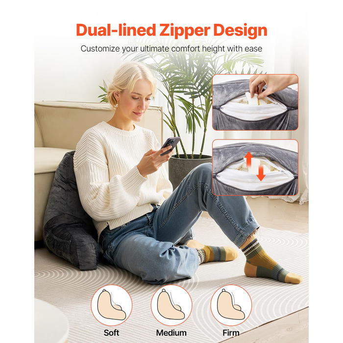 Крісло-мішок VEVOR з memory foam, з кишенями та чохлом з велюру, сіре - для читання, перегляду телевізора та ігор