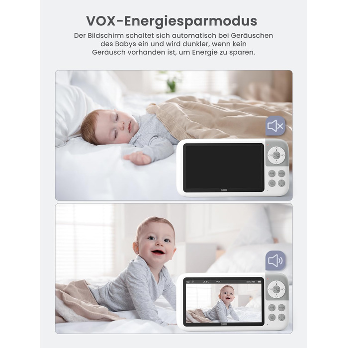 Відеоняня GHB з камерою 5'' HD IPS, 720P, 3050mAh, VOX, Zoom 3X, Нічне бачення, Зв'язок, 8 колискових, Підтримка 4 камер