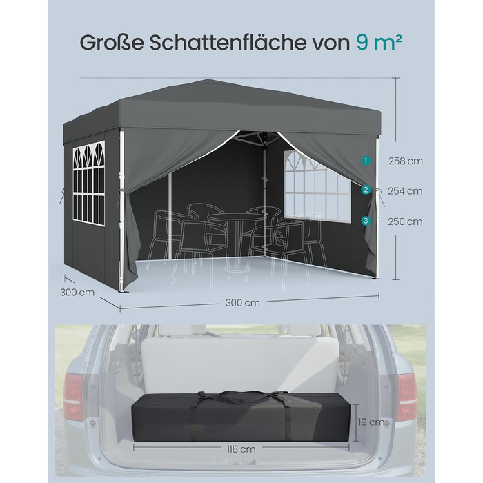 Павільйон SONGMICS 3x3 м, садовий, для відпочинку та заходів, з 4 боковинами (темно-сірий)
