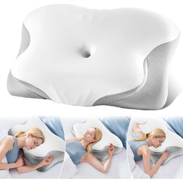 Ортопедична подушка для шиї Donama з memory foam, для сну та зняття болю в шиї та плечах, ергономічна подушка для сну на боці, спині та животі, білий/сірий колір, розмір 61x39x12 см