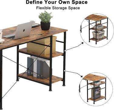 Ігровий кутовий стіл L-подібної форми з LED-підсвічуванням та розетками, 140x140 см, реверсивний комп'ютерний стіл з підставкою для монітора, 4 полиці та бічні кишені для дому та офісу (колір: коричневий, розміри: 140x140x74 см)