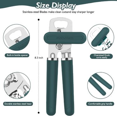Відкривачка для консервів ручна, сталева, з великим зручним колесом та відкривачем для пляшок (1 шт., смарагдовий колір)