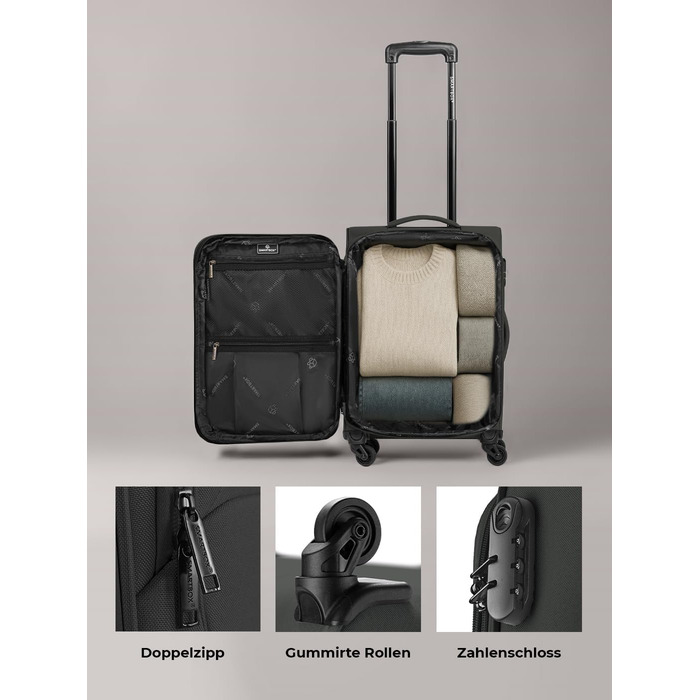 Набір валіз Smartbox 3 шт. для жінок та чоловіків | Легкі та міцні валізи-ролики, якісний softcase, 4 колеса та кодовий замок | Розширювані (Edition 04) (Чорний, валіза S (56 см))