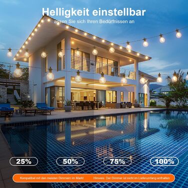 Льо́нтанка Kawaya 10 метрів, LED, для вулиці, 15+1 лампочки, IP65, вологостійка, тепле світло, для балкона, тераси, саду, весілля, заднього двору