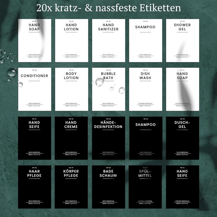 Набір дозаторів для мила MONOKO (4 шт.) чорного матового скла, 500 мл | Дозатори для шампуню, мила, кухні | Нержавіюча сталь, насосна головка | з наліпками