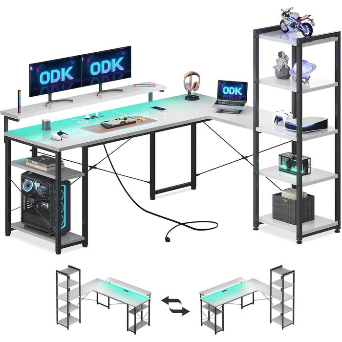Ігровий стіл ODK L-подібна форма зі світлодіодом, розетки та USB, кутовий стіл з полицями, білий, 137140см
