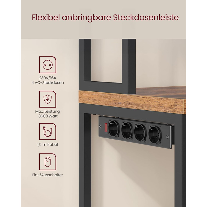 Поличка кухонна VASAGLE з розетками, шафка, стільниця 90 см, напольна полиця з 8 гачками, 40 x 60 x 170 см, вінтажний коричневий + чорний, KKS058K02