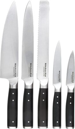 Набір кухонних ножів KitchenAid Gourmet: 5 ножів, ножиці, точилка, чорні ручки, японська сталь